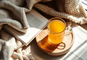 Cup of saffron tea on a cozy tray next to a book and blanket