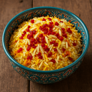 A bowl of traditional Persian saffron rice with golden and deep saffron-colored fluffy grains, garnished with red barberries and slivered almonds, served in a decorative Persian-style bowl on a rustic wooden table.