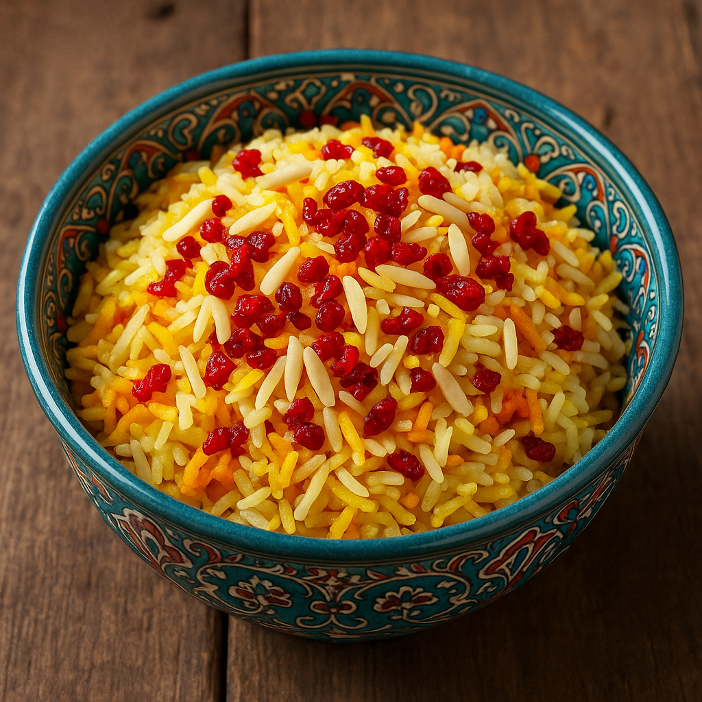 A bowl of traditional Persian saffron rice with golden and deep saffron-colored fluffy grains, garnished with red barberries and slivered almonds, served in a decorative Persian-style bowl on a rustic wooden table.