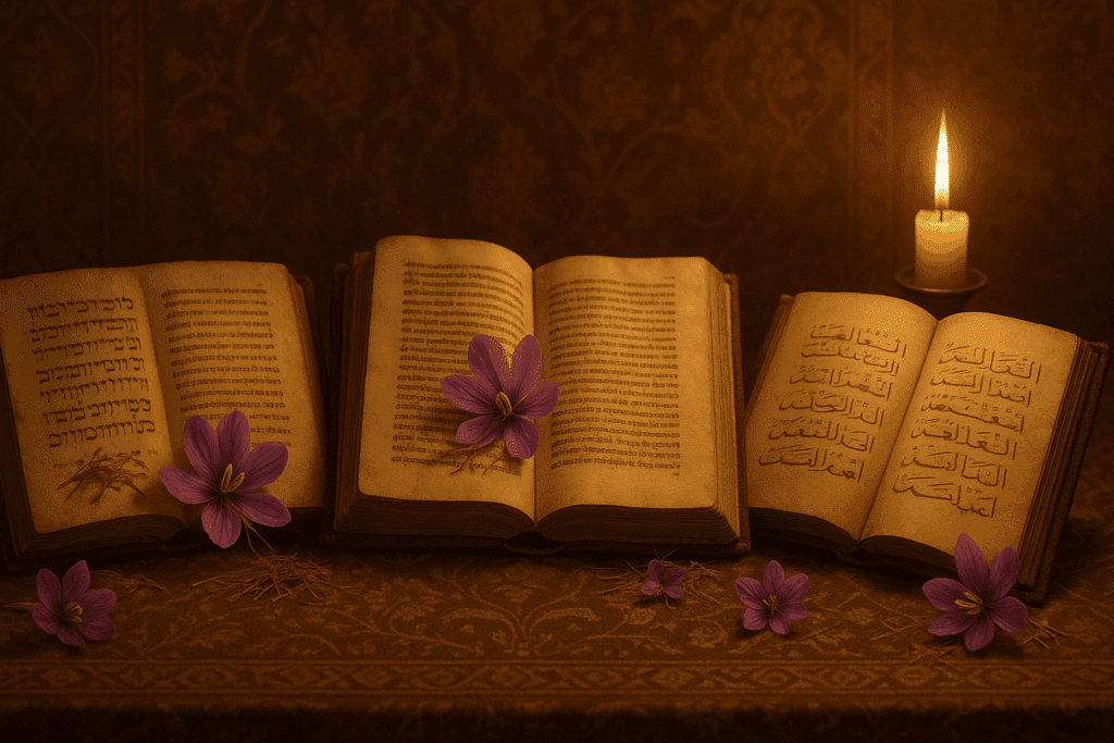 Three open ancient books representing Judaism, Christianity, and Islam with blurred, artistic calligraphy in Hebrew, Arabic, and Latin scripts, surrounded by vibrant saffron threads and blossoms, softly lit by warm candlelight against a background of Persian and Middle Eastern decorative patterns.