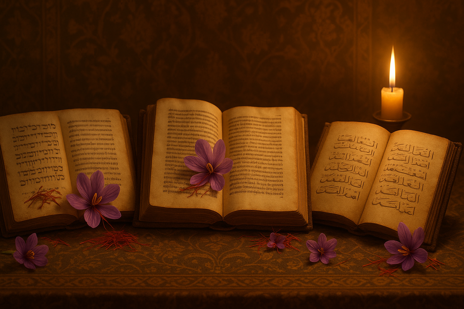 hree open ancient books representing Judaism, Christianity, and Islam with blurred, artistic calligraphy in Hebrew, Arabic, and Latin scripts, surrounded by vibrant saffron threads and blossoms, softly lit by warm candlelight against a background of Persian and Middle Eastern decorative patterns.