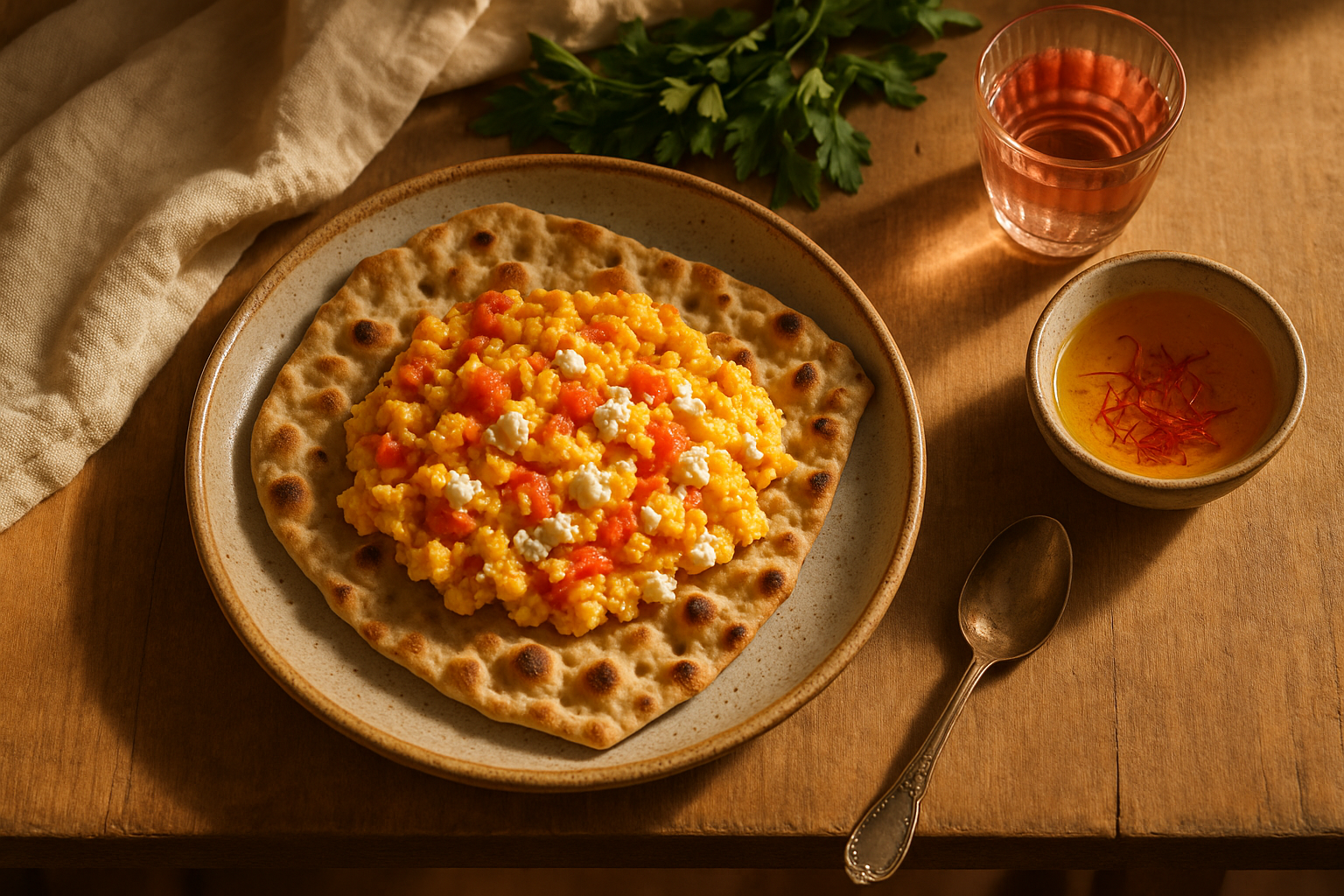 scrambled eggs with saffron, tomato and feta on sangak
