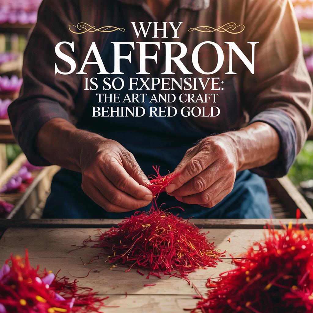 A close-up of hands carefully harvesting deep red saffron threads from purple Crocus sativus flowers in a field, capturing the delicate and manual nature of saffron collection.