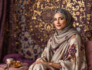 A graceful Iranian woman in her late 40s, wearing a loosely draped headscarf and an elegant dress with Persian floral patterns, sits serenely in a softly lit room. She holds a cup of golden saffron tea. The background features intricate Persian tilework in deep purple and gold, reflecting Zarafron’s brand colors. The scene evokes tradition, wellness, and feminine strength.