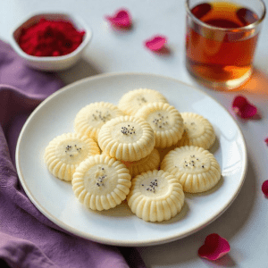Delicate Persian rice flour cookies (Nan-e Berenji) topped with poppy seeds, arranged on a white plate with a bowl of red saffron threads, Persian tea, and rose petals, styled in a clean, elegant setting reflecting Persian heritage and luxury.