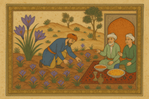 Persian miniature-style illustration of a man harvesting saffron flowers and a woman preparing a saffron infusion in a pastoral setting, surrounded by blooming crocus plants.