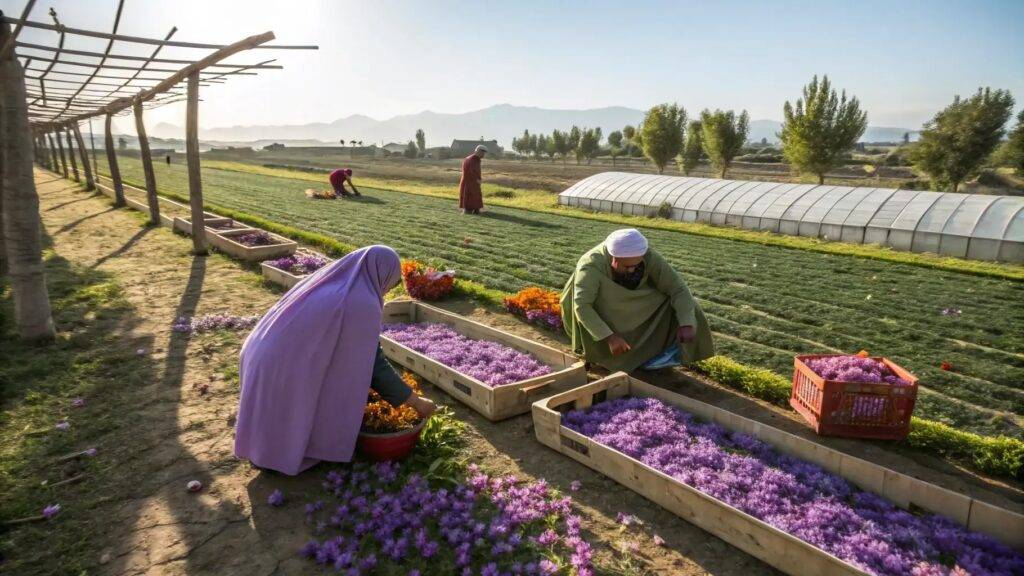 Farmers in traditional clothing harvesting and sorting vibrant purple saffron flowers by hand in a sunlit field, with crates of saffron blossoms and greenhouses in the background