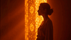 Silhouette of a woman in soft shadow, set against a background with elegant Persian motifs in gold and deep purple. The image evokes a sense of mystery, feminine strength, and Persian heritage, with a sophisticated and wellness-focused atmosphere.
