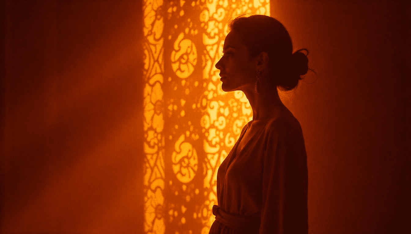 Silhouette of a woman in soft shadow, set against a background with elegant Persian motifs in gold and deep purple. The image evokes a sense of mystery, feminine strength, and Persian heritage, with a sophisticated and wellness-focused atmosphere.