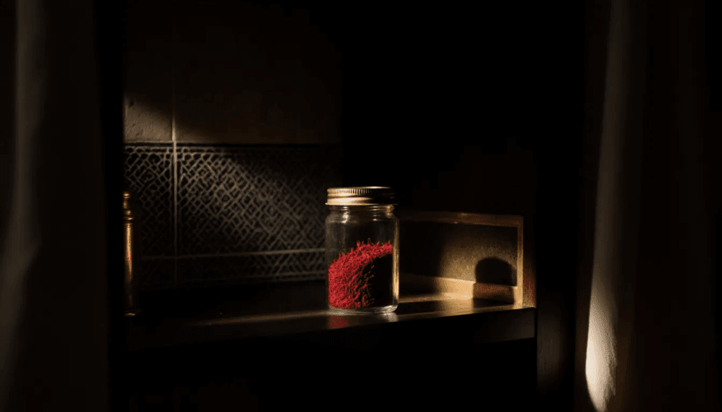A dramatic, low-light still life of a sealed glass jar filled with deep red negin saffron threads, illuminated by a golden beam of light on a dark wooden Persian pantry shelf. The scene features rich shadows, faint Persian tile patterns, and brass accents, creating a mysterious and luxurious atmosphere