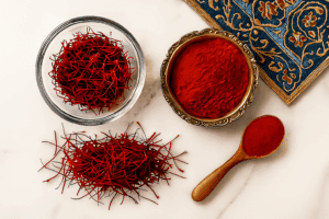 Premium saffron threads and saffron powder displayed side by side on a white marble surface with elegant Persian-inspired accents, highlighting the difference between whole threads and ground powder.