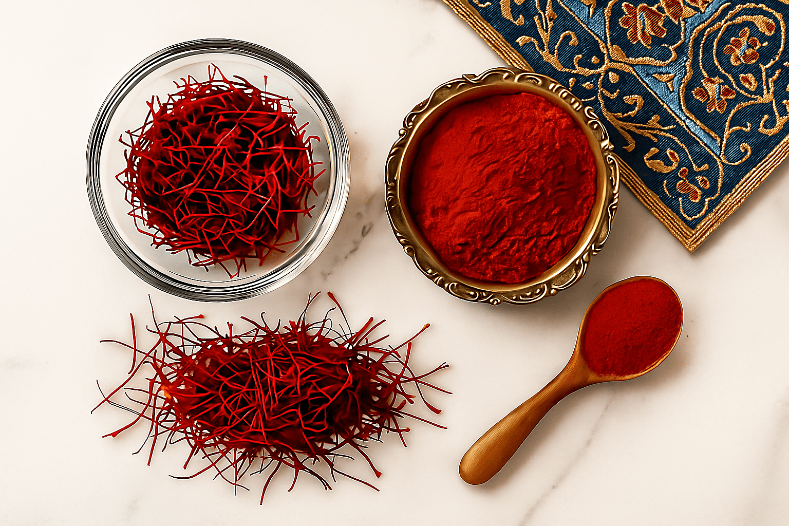 Premium saffron threads and saffron powder displayed side by side on a white marble surface with elegant Persian-inspired accents, highlighting the difference between whole threads and ground powder.
