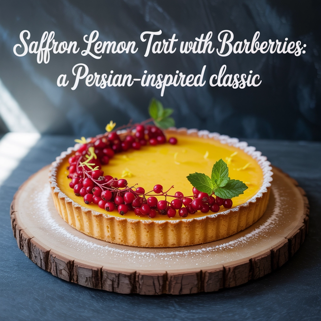 a vibrant saffron and lemon tart topped with barberries