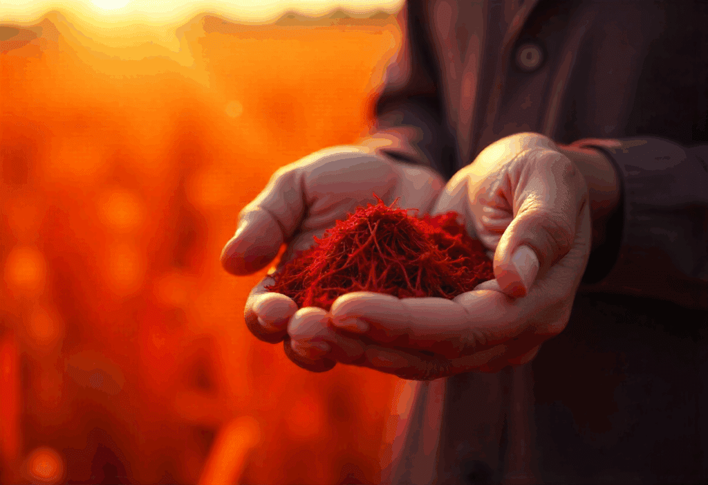 Hands gently holding a generous pile of vibrant red saffron threads, with a golden field glowing in the background at sunset. The scene highlights the natural beauty and richness of premium saffron.