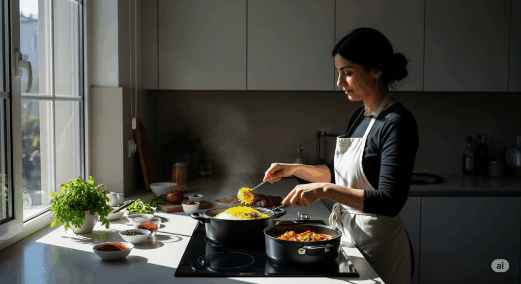 cinematic scene, long short, a persian woman is seen cooking in a minimlist kitchen saffron rice and koresht, with brigh tsun shining down into a window