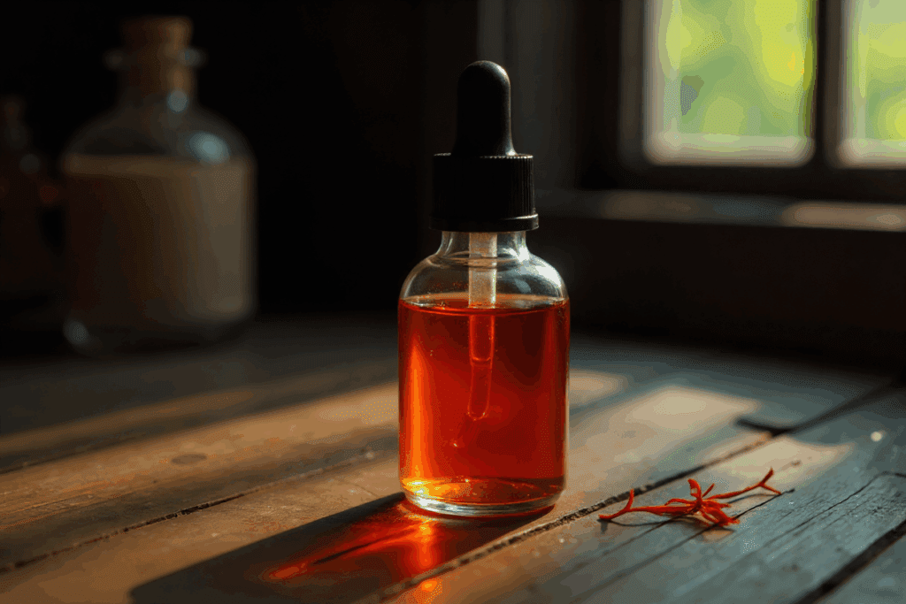 Amber glass dropper bottle filled with saffron tincture, placed on a sunlit wooden surface with a few saffron threads beside it. The scene feels warm, natural, and highlights the rich color of the tincture.