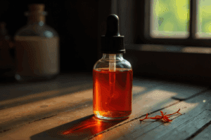 Amber glass dropper bottle filled with saffron tincture, placed on a sunlit wooden surface with a few saffron threads beside it. The scene feels warm, natural, and highlights the rich color of the tincture.
