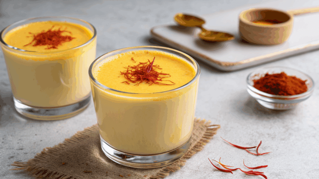Two glasses of golden saffron milk garnished with red saffron threads on top, served on a marble surface. A small bowl of ground saffron, wooden spoons, and scattered saffron strands complete the scene, showcasing the traditional preparation of this aromatic beverage.