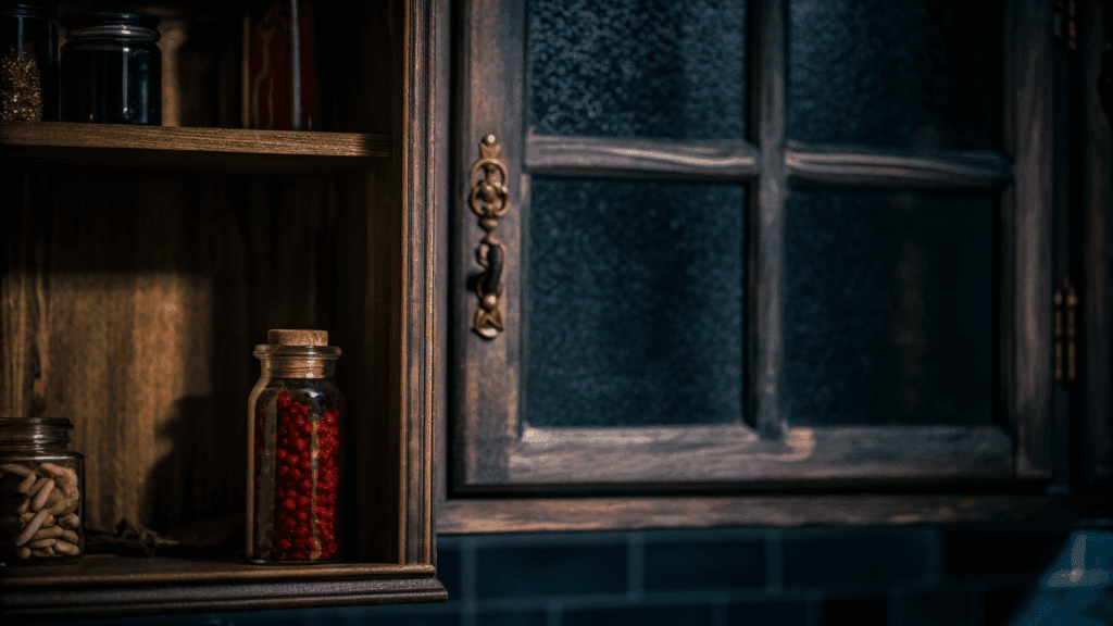 A dramatic, low-light still life in a Persian-inspired kitchen. Inside a shadowy dark wooden pantry shelf sits a small airtight glass jar, tightly sealed, filled with deep red negin saffron threads.