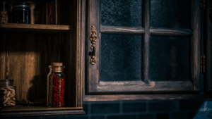A dramatic, low-light still life in a Persian-inspired kitchen. Inside a shadowy dark wooden pantry shelf sits a small airtight glass jar, tightly sealed, filled with deep red negin saffron threads.
