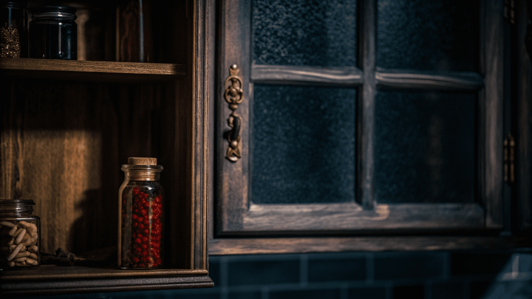 A dramatic, low-light still life in a Persian-inspired kitchen. Inside a shadowy dark wooden pantry shelf sits a small airtight glass jar, tightly sealed, filled with deep red negin saffron threads.