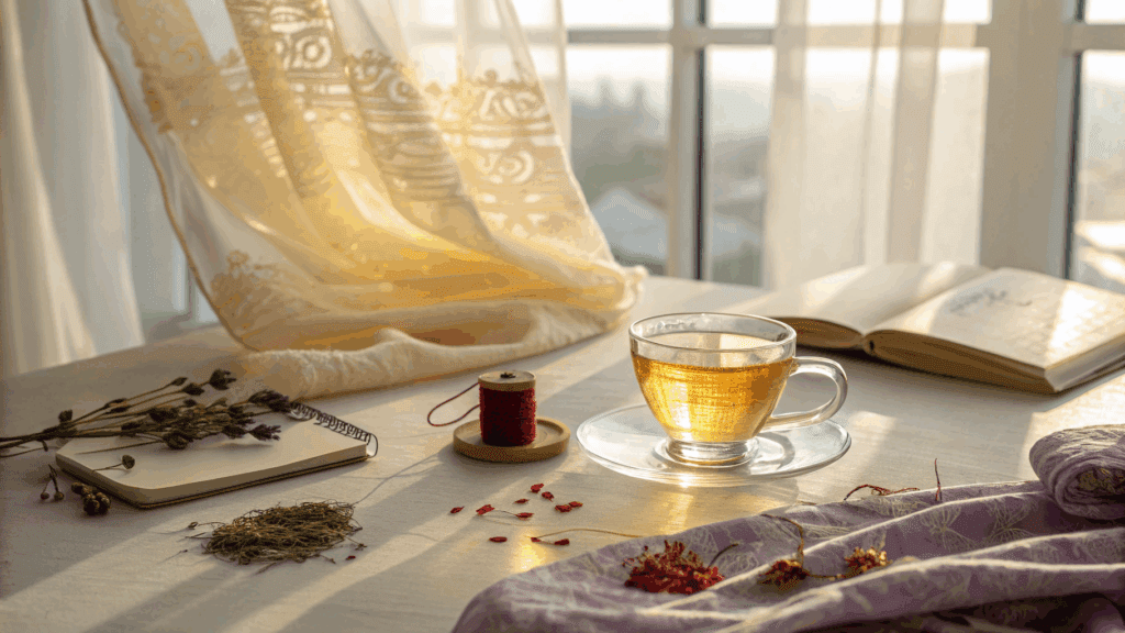 An elegant, serene scene inspired by wellness rituals: soft morning sunlight filters through sheer curtains onto a minimalist table set for a mindful moment. At the center, a delicate glass teacup glows with golden saffron-infused tea.