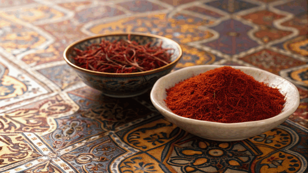 fresh red saffron threads and powder on persian inspired table