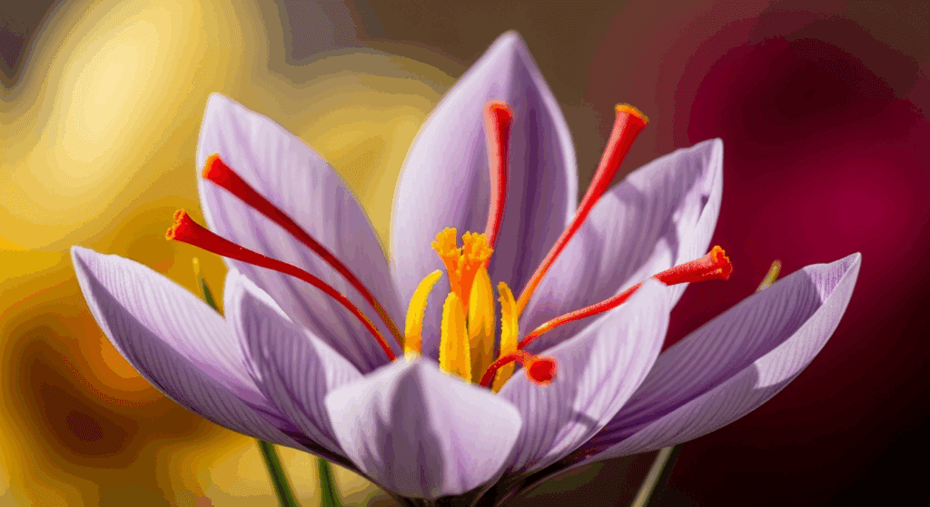 "Editorial botanical artwork of a Persian crocus flower, the origin of saffron—luxurious, nature-inspired, and central to Zarafron’s heritage.