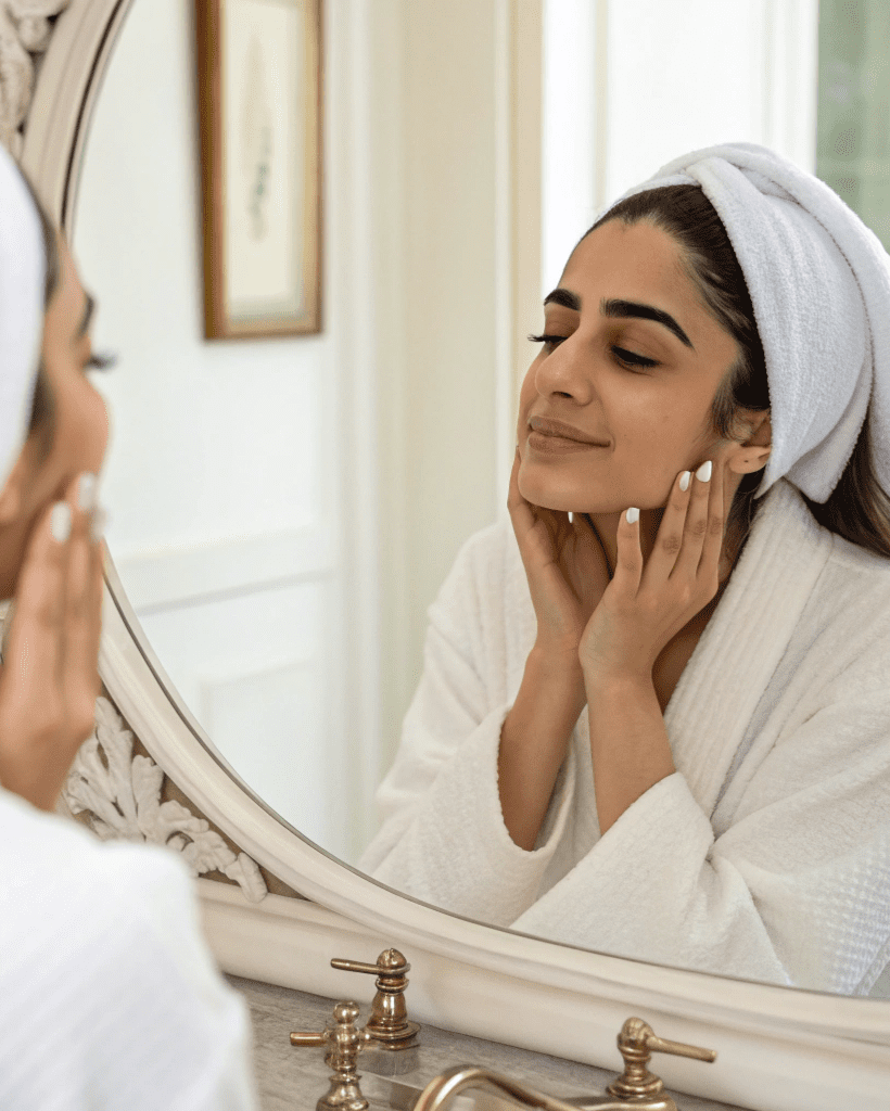 persian woman gently touching her skin and looking in mirror