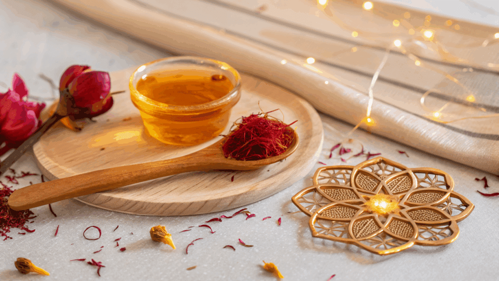 Luxurious wellness still life featuring a glass cup of golden saffron tea on a wooden serving board with vibrant red saffron threads. Fresh rose petals, decorative golden sparkles, and an ornate mandala pattern create a warm, natural health aesthetic. Soft natural lighting and gentle bokeh effects enhance the mood-boosting and antioxidant properties of saffron in this inviting scene.