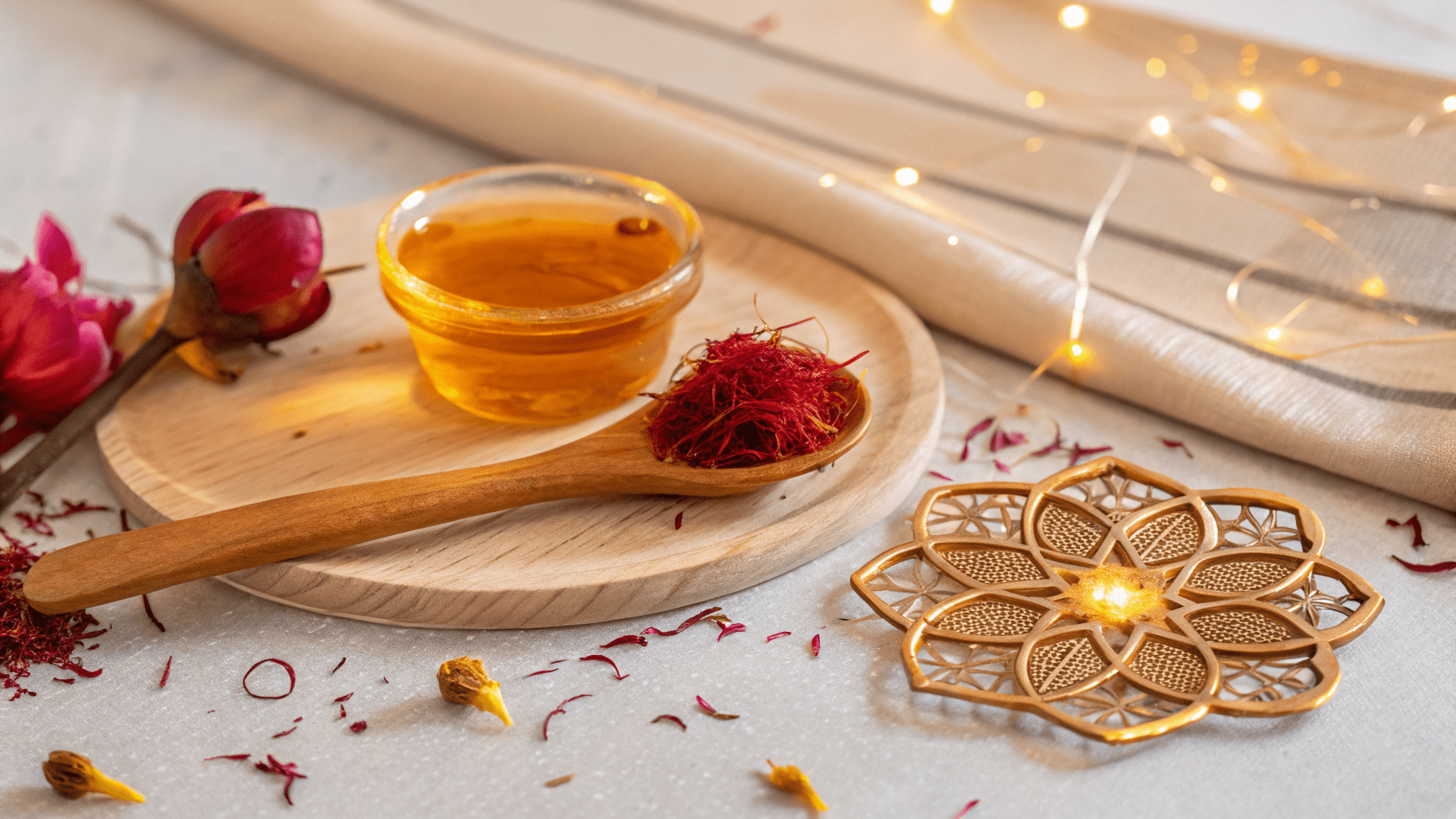 Luxurious wellness still life featuring a glass cup of golden saffron tea on a wooden serving board with vibrant red saffron threads. Fresh rose petals, decorative golden sparkles, and an ornate mandala pattern create a warm, natural health aesthetic. Soft natural lighting and gentle bokeh effects enhance the mood-boosting and antioxidant properties of saffron in this inviting scene.
