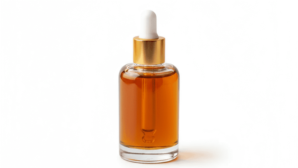 30ml round Boston glass bottle with gold dropper cap filled with amber-colored saffron extract on pure white background"