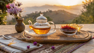 A glass teapot filled with golden saffron tea sits on a wooden tray alongside a crystal bowl of red saffron threads and a small plate of ground saffron. The scene is set on an outdoor table with a purple flower vase, purple rose petals, and a patterned textile, overlooking a misty mountain landscape at sunset.