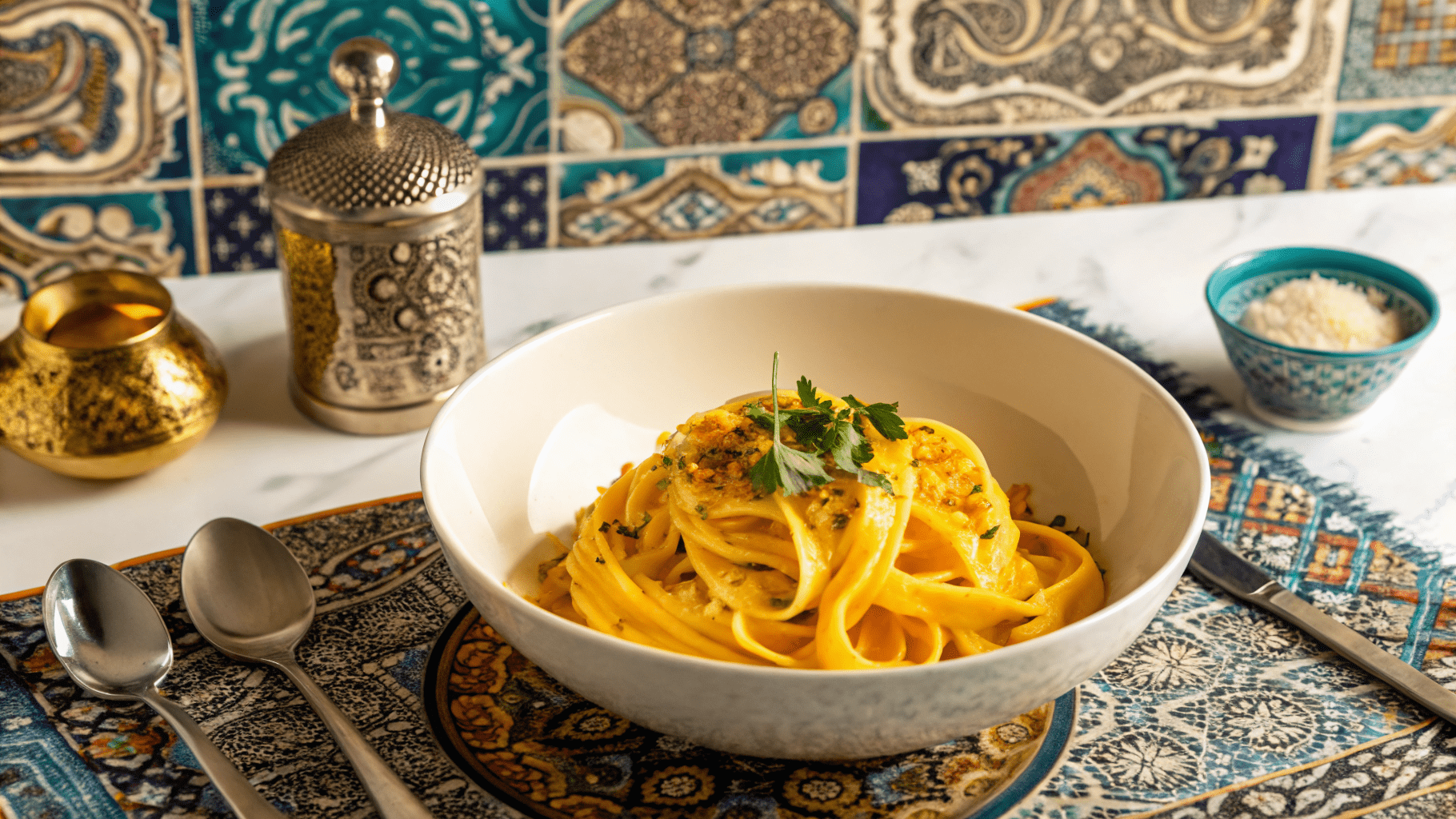 Bowl of vibrant golden saffron pasta with creamy sauce, garnished with fresh herbs and parmesan, served on an ornate Persian tray. The scene features traditional Middle Eastern decor including colorful mosaic tiles in the background, brass serving vessels, a decorative silver pepper shaker, and a small turquoise bowl with grated cheese, creating an elegant Persian-inspired dining setting.