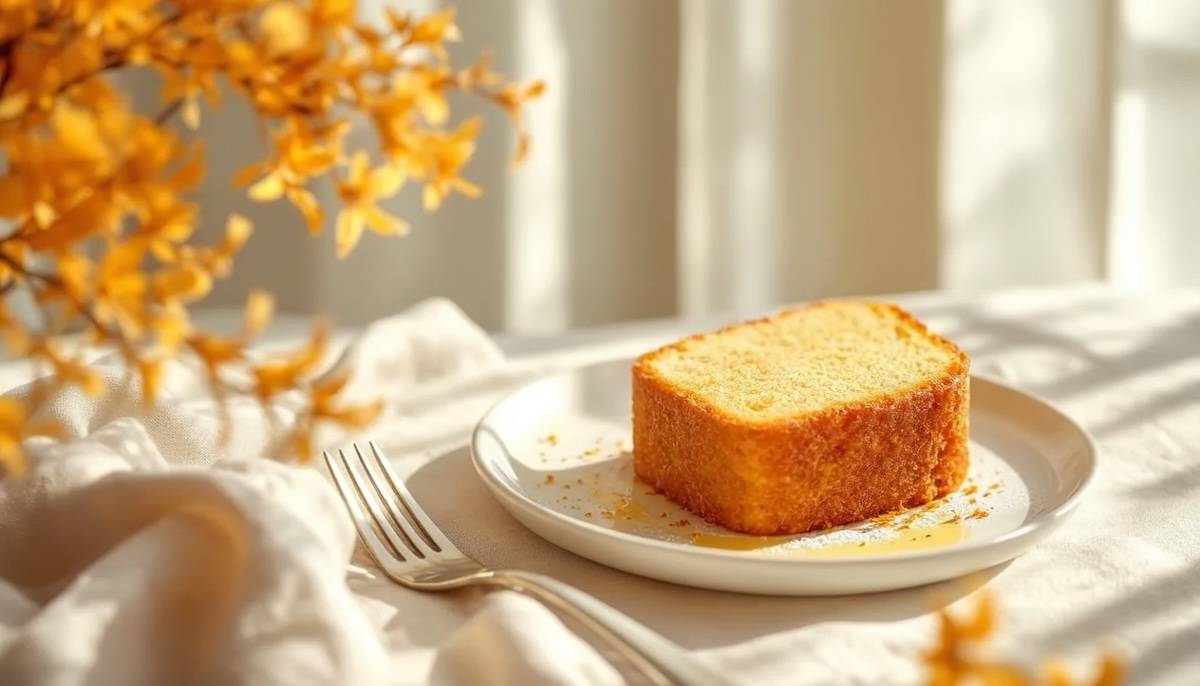 A beautifully styled saffron cake on a white plate sliced revealing its golden-yellow interior and a light glaze on top.