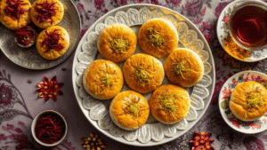 Overhead view of golden saffron and rosewater cookies arranged on an ornate silver plate, garnished with crushed pistachios and saffron threads. The scene includes a glass of Persian tea, a bowl of saffron threads, rose petals, and decorative floral-patterned plates on a purple fabric background.