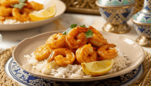 Golden saffron-glazed shrimp arranged on a bed of fluffy white basmati rice on a white ceramic plate with blue trim, garnished with lemon wedges and fresh parsley. The dish is presented on a woven placemat with decorative Persian bowls in the background.