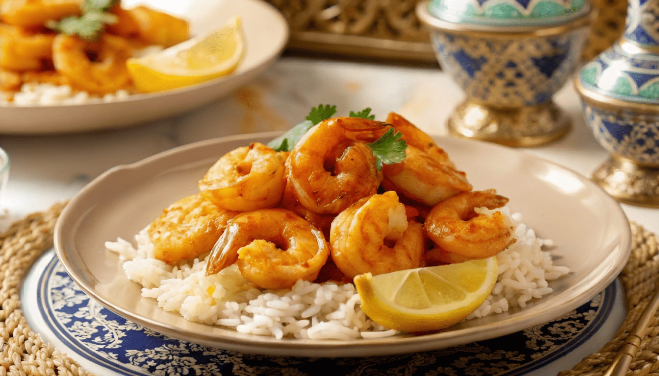 Golden saffron-glazed shrimp arranged on a bed of fluffy white basmati rice on a white ceramic plate with blue trim, garnished with lemon wedges and fresh parsley. The dish is presented on a woven placemat with decorative Persian bowls in the background.