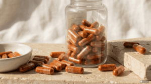 Elegant, clear glass supplement bottle without labels, showcasing translucent capsules filled with warm saffron powder. Capsules casually scattered.