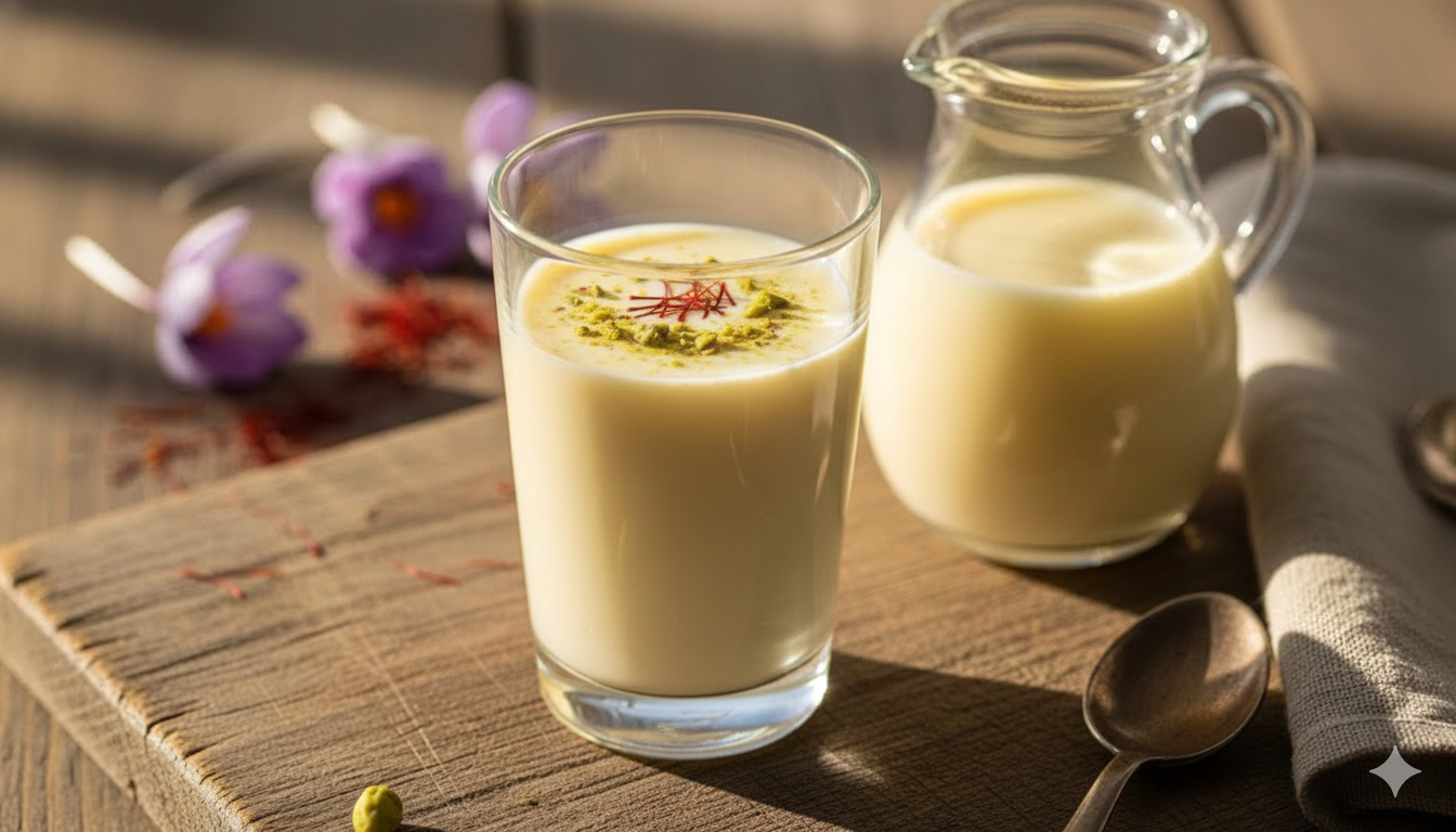 A tall glass of golden-yellow saffron milk sits on a rustic wooden table, garnished with delicate saffron strands and crushed pistachios. Beside the glass is a small decorative bowl filled with dried saffron threads, a white ceramic pitcher, and a laptop displaying a blog post titled "Golden Elixir: The Benefits of Saffron Milk." The scene is set in warm, natural morning light by a window with sheer curtai