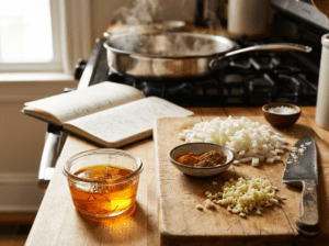 Saffron threads blooming in warm water in a small glass ramekin on a kitchen counter beside chopped onions and garlic, spices, and a knife, with a sauté pan blurred in the background.