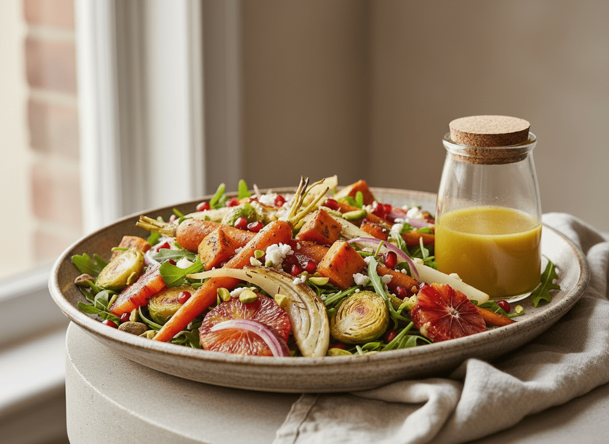 Winter vegetable salad with roasted sweet potato, carrots, Brussels sprouts, fennel, citrus, pomegranate, and pistachios, served with golden saffron dressing.