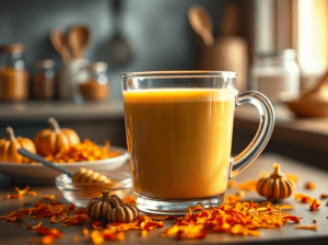 Creamy saffron latte in a glass mug, topped with foam and a few saffron threads, set on a kitchen counter in warm natural light