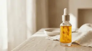 golden serum in clear bottle with soft natural light