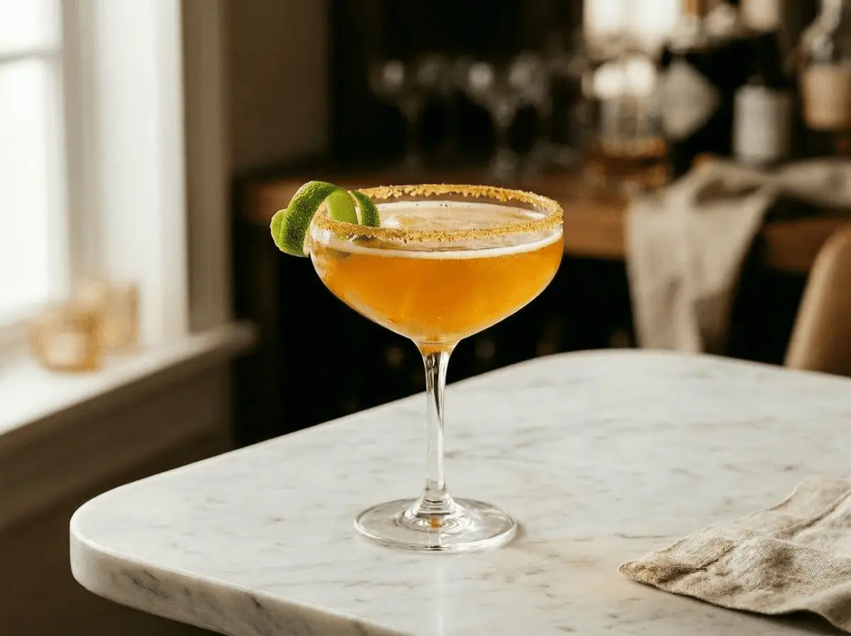 A beautifully crafted golden margarita served in an elegant coupe glass. The rim is coated in a delicate saffron-salt crust, and a fresh lime zest twist rests on the edge of the glass. The drink glows with a rich warm amber hue. The glass sits on a clean marble surface, bathed in soft natural light with warm gold and ivory tones. The overall mood is refined, minimal, and luxurious.