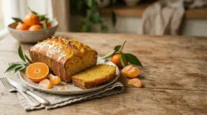 Clementine and Saffron Loaf Cake, clementines, saffron strands, lighting, composition, rustic wooden table, and warm
