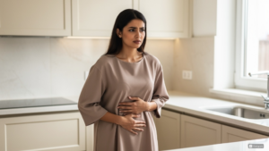 young Persian woman with dark hair and olive skin in a sophisticated warm-toned kitchen, wearing a soft elegant full-length casual top, gently holding her stomach with both hands