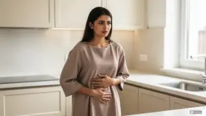 young Persian woman with dark hair and olive skin in a sophisticated warm-toned kitchen, wearing a soft elegant full-length casual top, gently holding her stomach with both hands